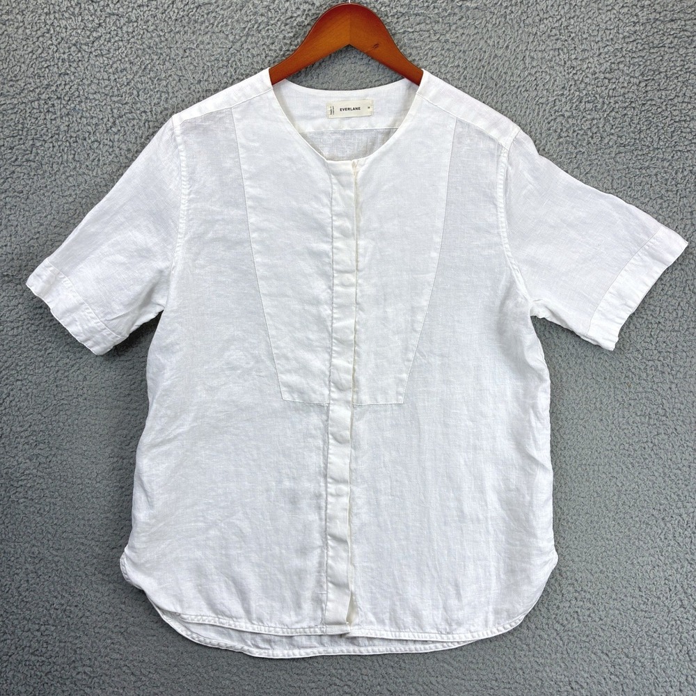 Everlane Split Neck Popover Blouse Womens M White Short Sleeve Linen Minimalist